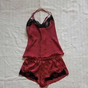 Red & Black Lace Polka Dot Pajama Set